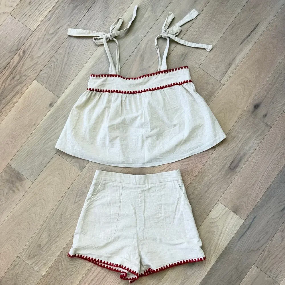 Miou Muse Emily Linen Blend Red Trim Two‑Piece Outfit Set Women’s Small
